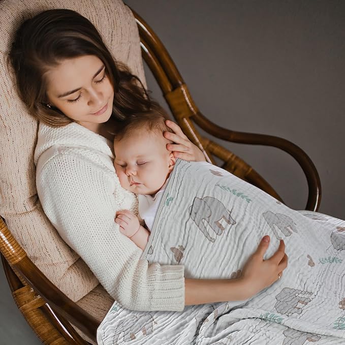 Ultra Soft Muslin Baby Blanket, A Versatile Swaddle and Bed Blanket for Babies, Toddlers, Boys, and Girls (Forest Elephant 1 Pack).