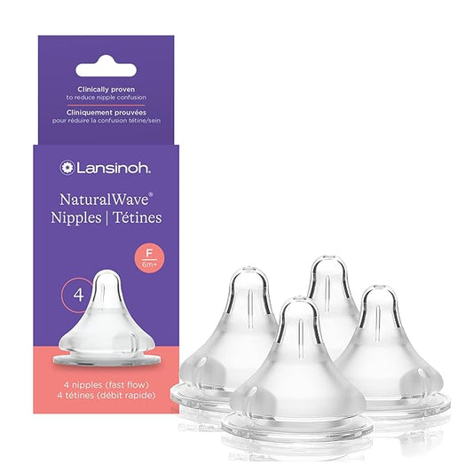 Lansinoh NaturalWave Baby Bottle Nipples, Fast Flow, Size F, 6+ Months, 4 Count – 100% Soft, Durable Silicone, Made Without BPA BPS, Anti-Colic, Supports The Baby’s Developing Mouth and Teeth