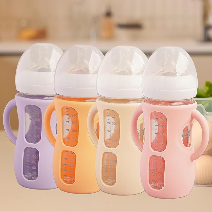 4 Pack Silicone Sleeves for Avent Natural Glass Baby Bottles, Anti Breakage Bottle Holder, Compatible with Philips Avent Glass Natural Baby Bottles (Apricot+Pink+Purple+Orange, 8 OZ)