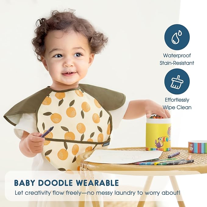 GRSSDER 3-pack Mess Proof Baby Feeding Bibs with Food Catcher Pocket, Soft Lightweight Waterproof Fabric Material with Zero Plastic-like Feel, Adjustable and Easy Clean Toddler Bibs for 6-36 Months