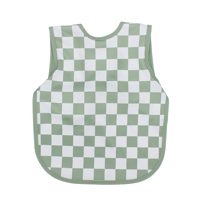 BapronBaby Sage Checkerboard Bapron - No Neck Tie Safer Bib for Baby & Toddler - Soft Waterproof Stain Resistant - Machine Washable - Sz Preschool 3-5yrs