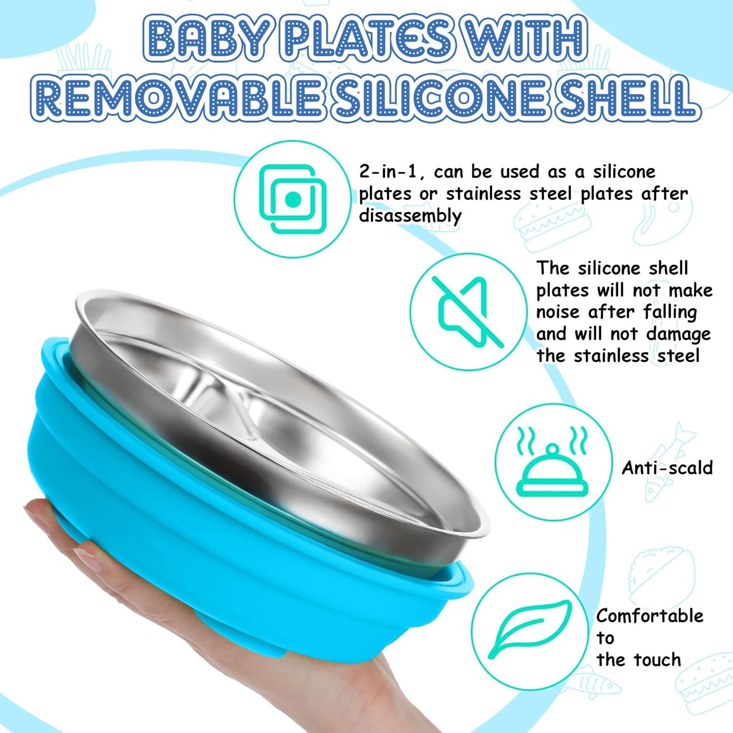 Nuogo 3 Pcs Stainless Steel Baby Suction Plates with Removable Silicone Shell 2-in-1 Metal Toddler Bowl Divided for Picky Eaters Kid Feeding Led Weaning Supply, Dishwasher Safe (Blue Series)