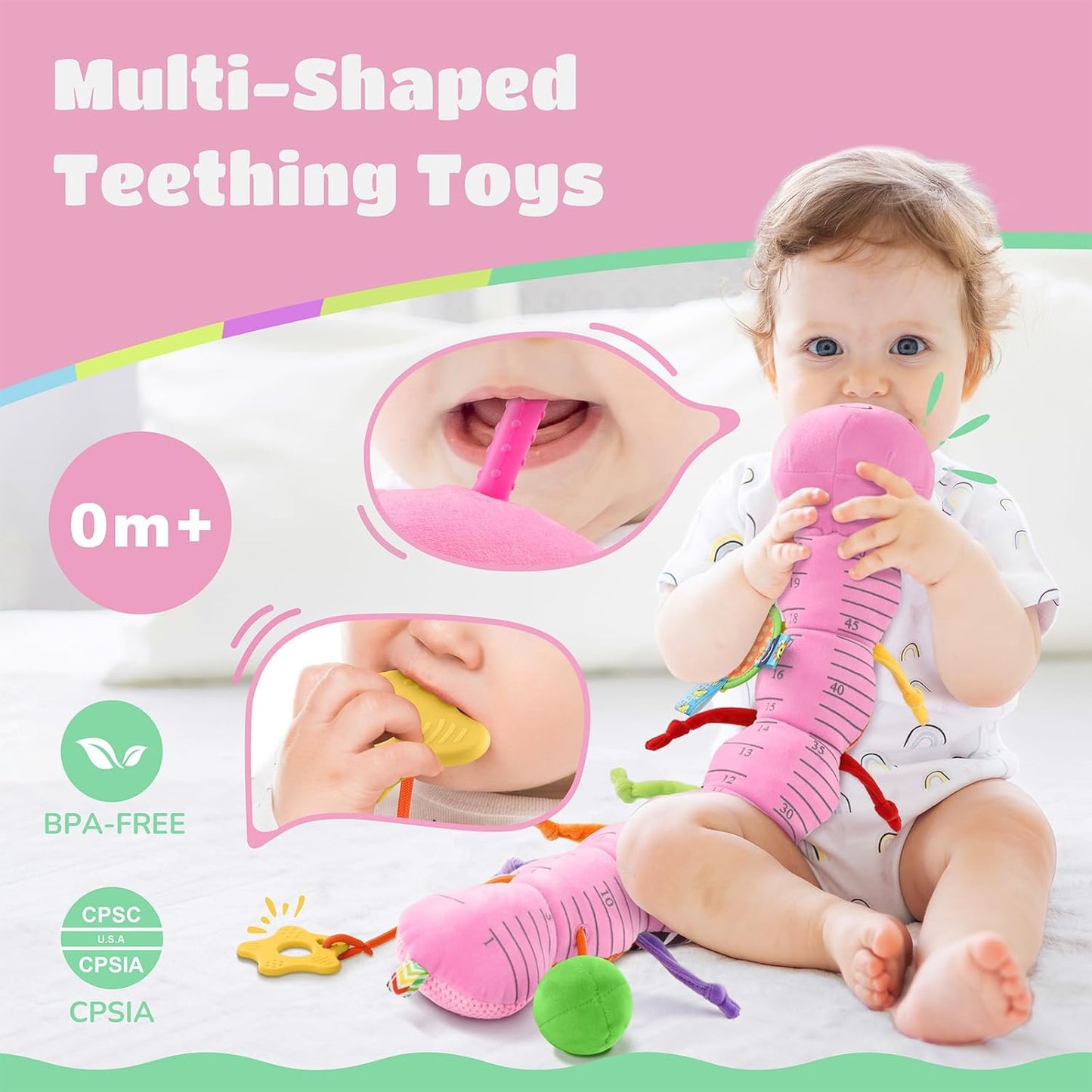 Baby Toys 6-12 Months Music Caterpillar Infant Toys Stuffed Animals 0-3-6 Months Teething Tummy Time Sensory Toys with Mirror Rattle&Pull String for Boys Girls Birthday Gifts|Pink,Knot Limb