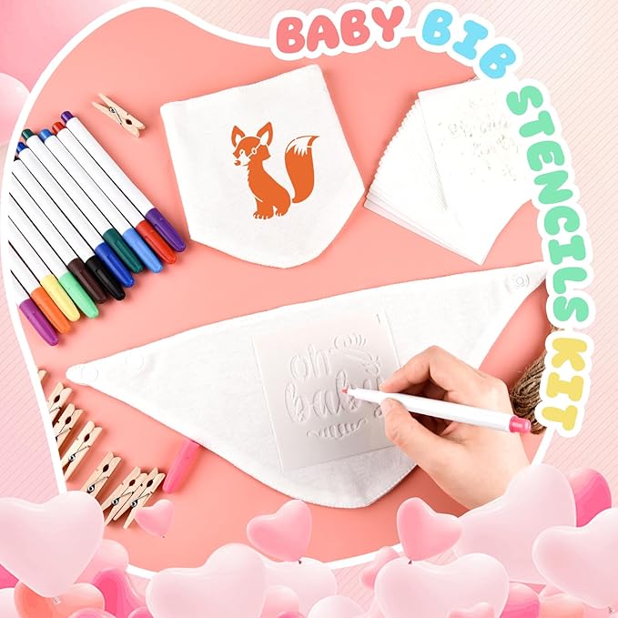 NACHLYNN 67 Pcs White Baby Bibs Baby Shower Games Set Including 12 Blank Baby Bibs 12 Stencils 30 Clothespins 12 Fabric Markers 1 Hemp Rope for Boys Girls Gender Reveal Party