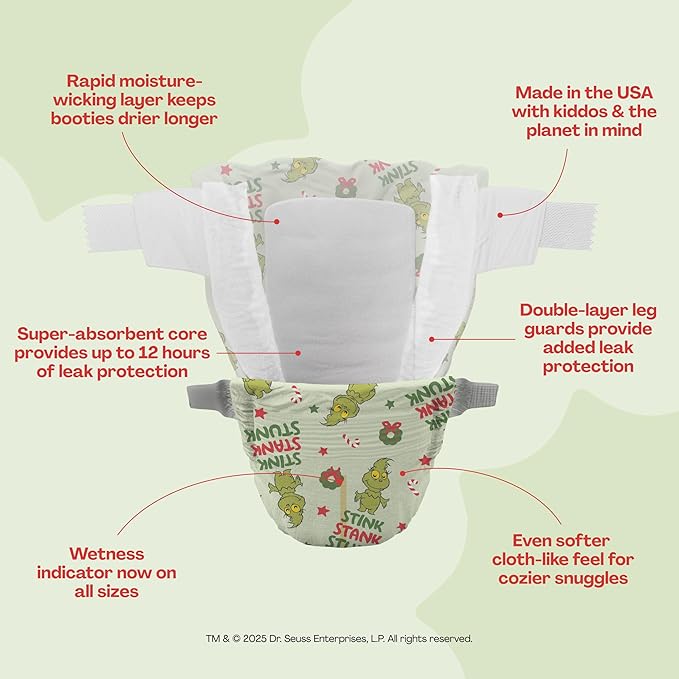 Hello Bello Dr. Seuss Baby Grinch Premium Diapers, Size 4 (22-37 lbs), 58ct Plus Bonus Wipes: Softness & Protection for Sensitive Skin