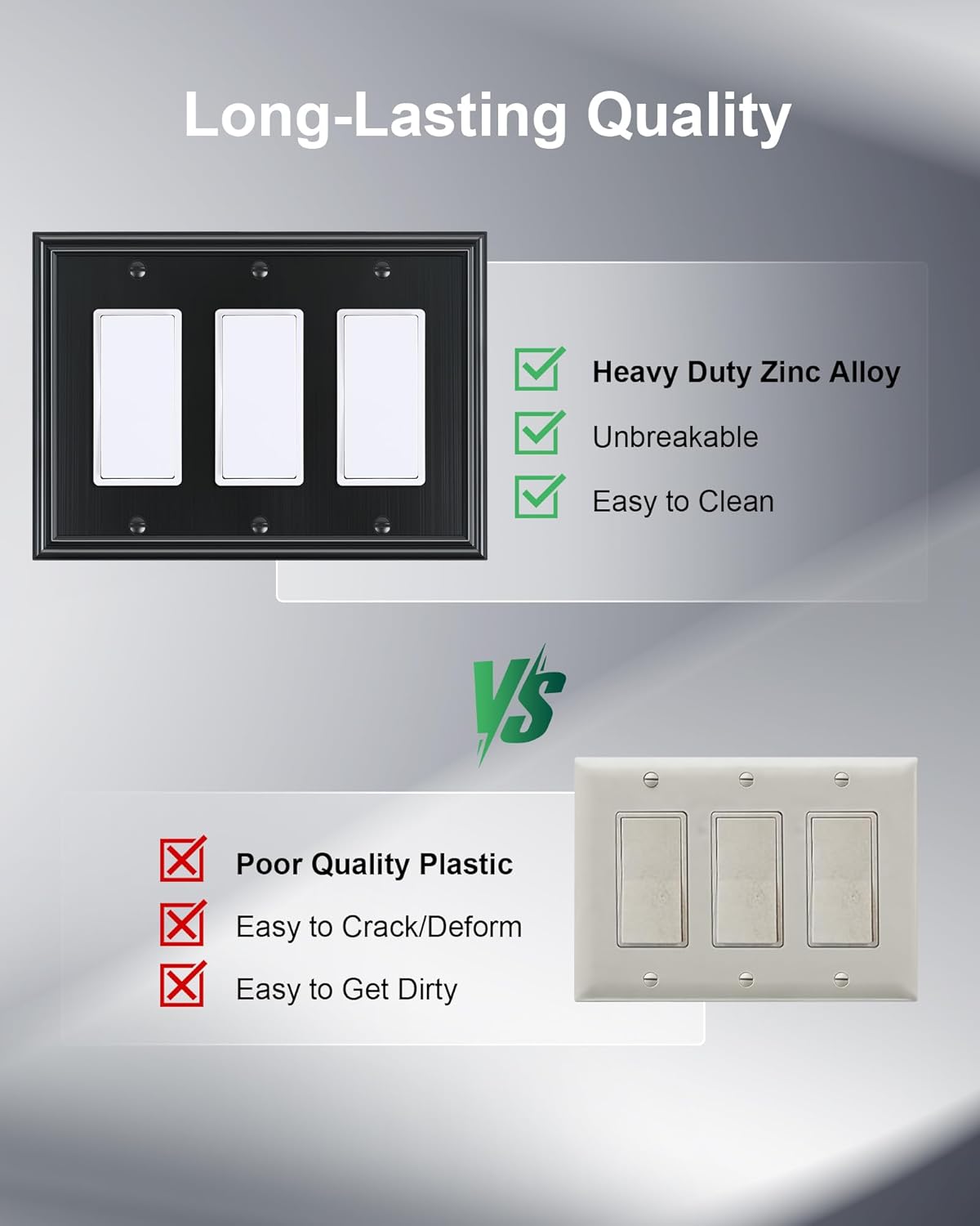 2-Pack Decorative Tripple Decorator Outlet Cover Plate, Durable Zinc Alloy Black Wall Plates for Electrical Outlets, Receptacle, GFCI Outlet, Dimmer Switch, 3-Gang, Corrosion Resistant