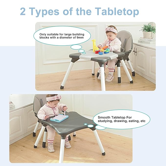 6 in 1 Baby High Chair, Convertible Highchair for Babies and Toddlers, Building Block Table Highchair with 5-Point Safety Harness/Removable Tray, Infant Feeding Table and Chair Set, Grey
