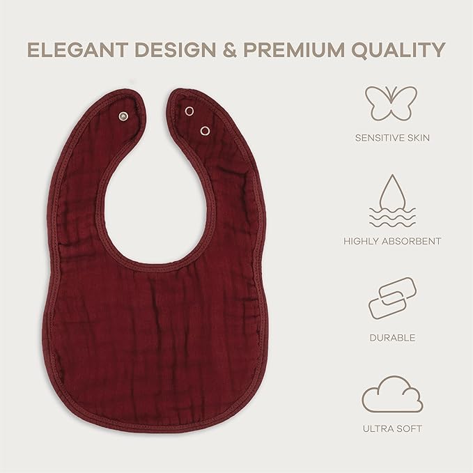 Comfy Cubs Muslin Bibs for Babies, Pack of 8 - Soft and Highly Absorbent, Feeding, Drool and Teething Bib, Adjustable Snaps - Stylish & Colorful Unisex Designs, Giftable Set - Wine