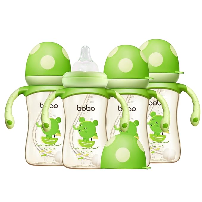 YOHKOH Natural PPSU Baby Bottle with Natural Response Nipple, Newborn Anti-Colic Baby Bottles with Handle, Wide Neck Mushroom Cap Baby Bottle (8.8oz (Pack of 4), Green)