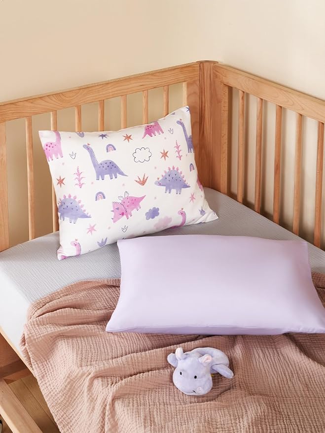 TILLYOU Toddler Pillowcases 13 x 18 Travel Pillow Case 2 Pack, Kids Pillowcases Machine Washable with Envelope Closure, Dinosaur