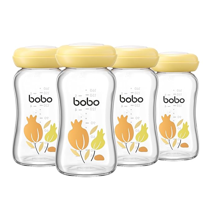 YOHKOH Glass Breast Milk Storage Bottles - 100% Leak-Proof, BPA-Free Breastmilk Storage Containers, Freezer & Dishwasher Safe, Ideal for Nursing Mothers (Yellow, 5.4oz (Pack of 4))
