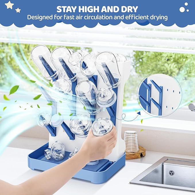 Baby Bottle Drying Rack,Baby Bottle Organizer for Countertop,Bottle Holder for Baby- Space Saving Standing Drying Rack for Baby Bottles and Pump Part Cleaning (Blue)