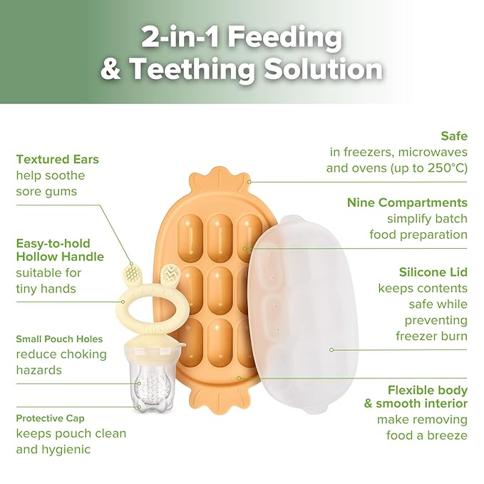 Haakaa Baby Fruit Food Feeder & Silicone Freezer Nibble Tray Combo - Breastmilk Popsicle Mold for Baby Cooling Relief, BPA Free Baby Mesh Food Feeder for Infant Self Feeding - Marigold