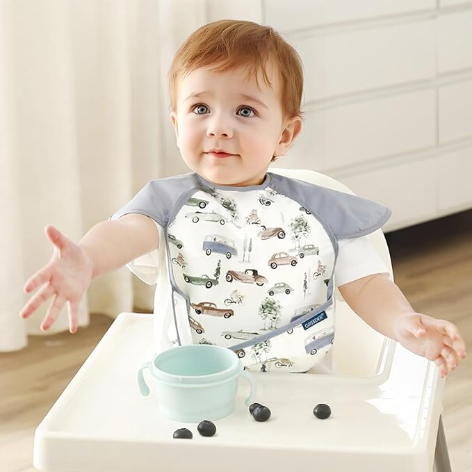 GRSSDER 3-pack Mess Proof Baby Feeding Bibs with Food Catcher Pocket, Soft Lightweight Waterproof Fabric Material with Zero Plastic-like Feel, Adjustable and Easy Clean Toddler Bibs for 6-36 Months