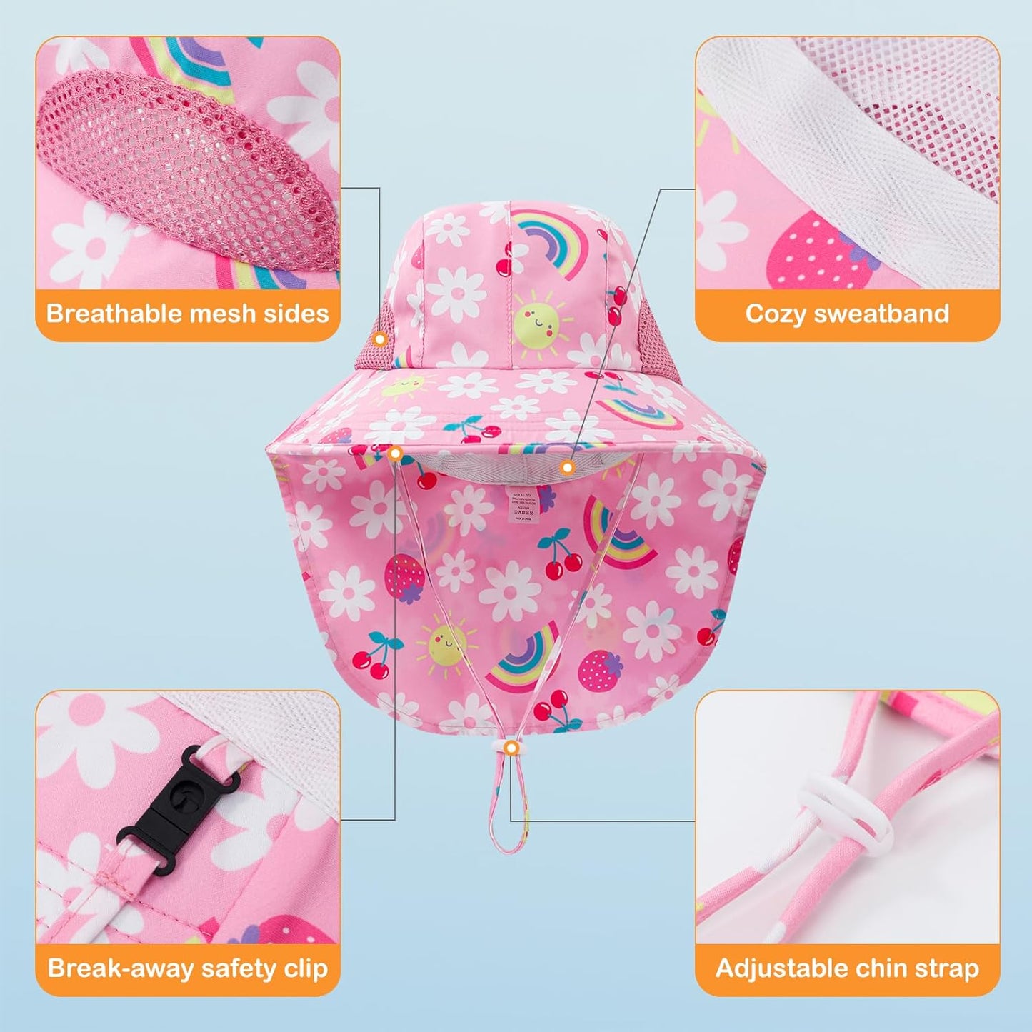 Baby Sun Hat UPF 50+ Mesh Liner Toddler Bucket Hats with Wide Brim Neck Flap for Outdoor Beach Swim