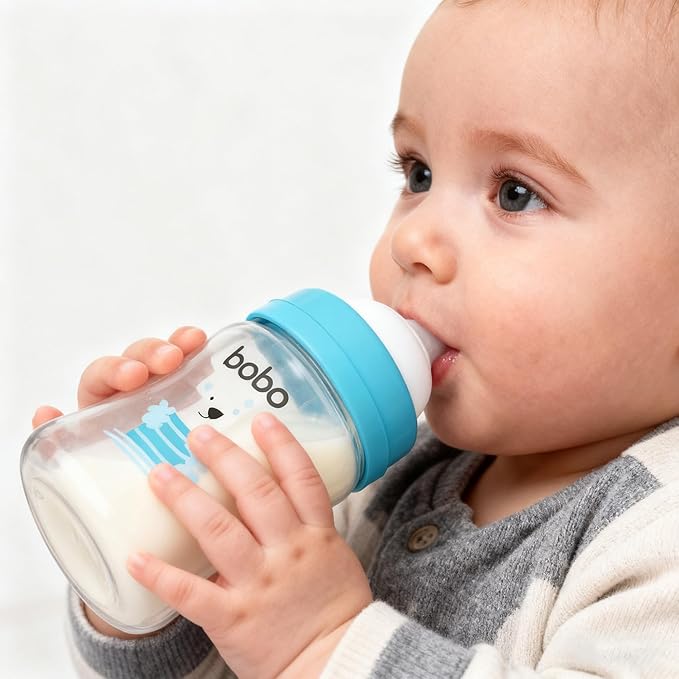 YOHKOH Glass Baby Bottles with Slow Flow Nipple, Newborn Anti-Colic Baby Bottles for 0+ Months, Wide Neck Feeding Bottle, Clear (Blue, 5oz (Pack of 2))