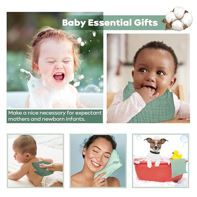 Yoofoss Muslin Baby Washcloths 100% Organic Cotton Face Towels 10 Pack Wash Cloths for Baby 12x12in Soft and Absorbent Baby Wipes (Gradient Green)