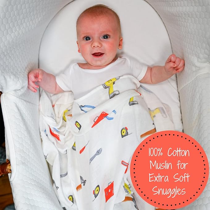LollyBanks Muslin Swaddle Blankets, Soft Cotton Muslin Baby Blanket, 47 x 47 Inches Newborn Swaddle, Baby Boy Essentials, Registry (Tool Box Print)
