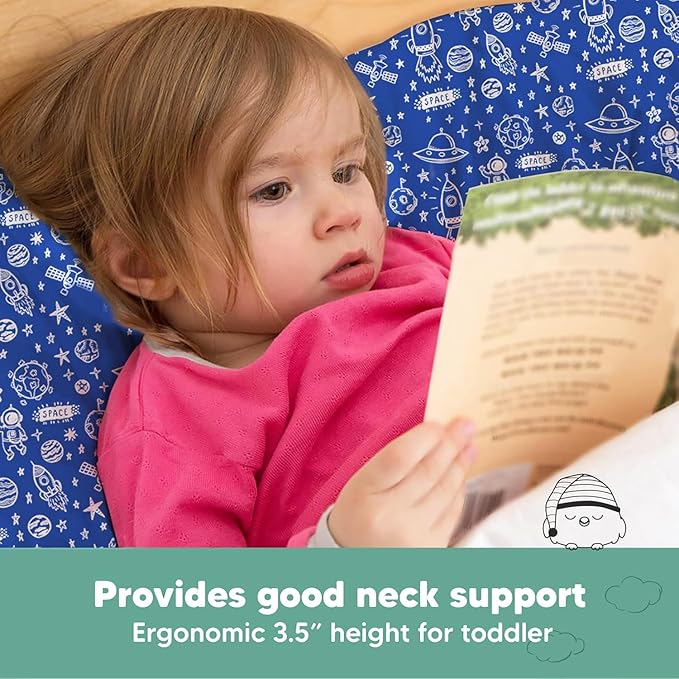 Toddler Pillow with Pillowcase - 13x18 My Little Dreamy Kids Travel Bed Pillows for Sleeping, Organic Cotton Small Pillowcase, Soft & Breathable, Machine Washable,Toddlers 2-5 Years Old(Off to Space)