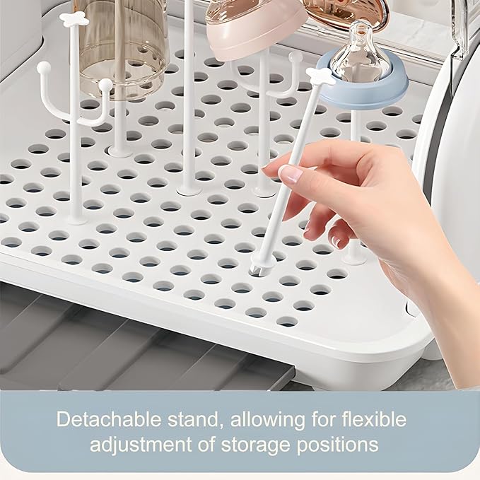 Transparent Baby Bottle Drying Rack with Double Lid and Removable Drain Tray Dust-Proof Baby Bottle Storage Box, Space Saving Baby Bottle Rack Dryer (Blue - Large)