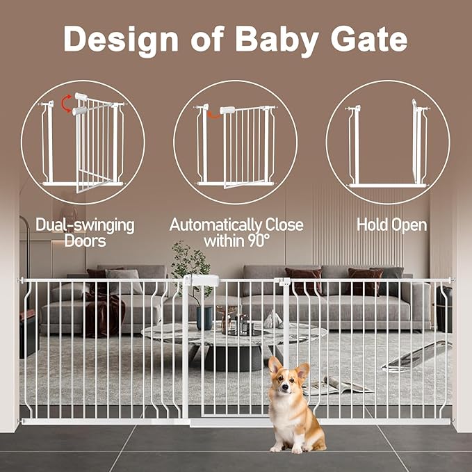 WAOWAO Baby Gate 62.20-71.26" Extra Wide Pressure Mounted Walk Through Swing Auto Close Safety White Metal Toddler Kids Child Dog Pet Puppy for Stairs,Doorways,Kitchen