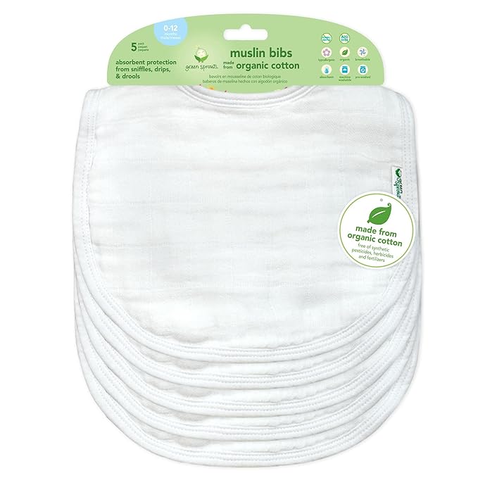 green sprouts Muslin Bibs Made from Organic Cotton| 4 Absorbent Layers Protect from sniffles, Drips, & drools | 100% Organic Cotton Muslin, Adjustable snap Closure, Machine Washable,5 Count
