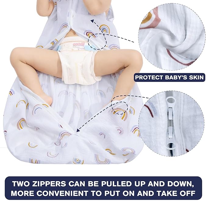 2 Pack Baby Sleep Sack 12-18 Months 100% Organic Cotton Muslin Baby Sleeping Bag 2-Way Zipper Wearable Blankets (Rainbow & Leaf, Large)