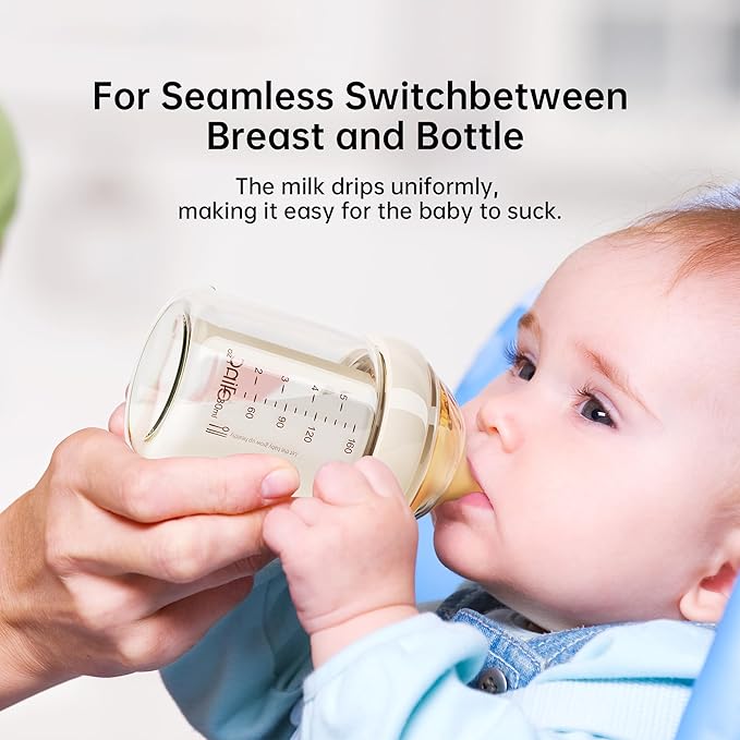 Natural Nursing Glass Baby Bottle - with Anti-Colic Vent System - BPA-Free, 5.4 oz/160ml with Medium Flow Nipple, 0-6 Months, 2 Pack (Includes 4pcs Nipples)