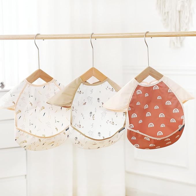 GRSSDER 3-pack Mess Proof Baby Feeding Bibs with Food Catcher Pocket, Soft Lightweight Waterproof Fabric Material with Zero Plastic-like Feel, Adjustable and Easy Clean Toddler Bibs for 6-36 Months