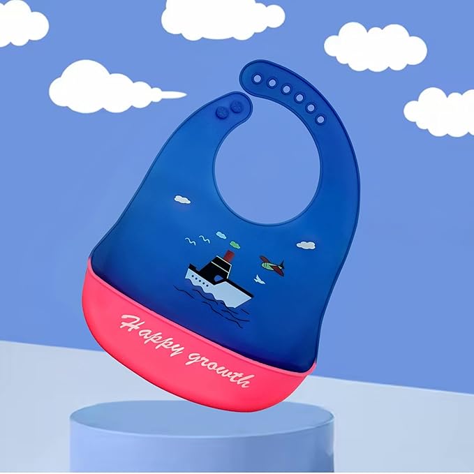 Silicone Baby Bibs Unisex, Self-Feeding, Catch-all Large Pocket, 6-48 months, BPA-Phthalate Free, w/Travel Case