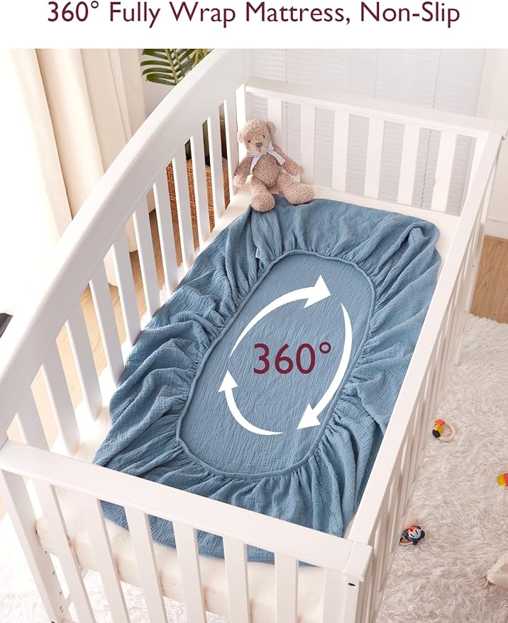 Momcozy Muslin Mini Crib Sheets Fitted - 38''x26'' Pack and Play Sheets for Pack N Play Mattress, 2 Pack Soft & Breathable Natural Cotton Non Slip Bed Cover for Boys, Girls, Grey Blue