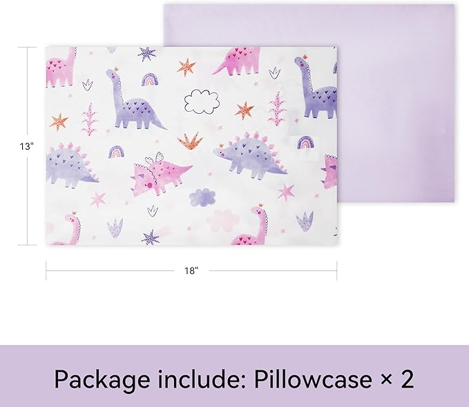 TILLYOU Toddler Pillowcases 13 x 18 Travel Pillow Case 2 Pack, Kids Pillowcases Machine Washable with Envelope Closure, Dinosaur
