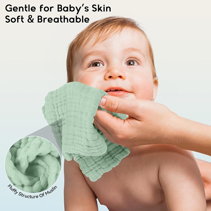 Muslin Baby Washcloths 6 Pack, 100% Cotton Wash Cloths for Babies, Large 12''X12'' Burp Cloths Absorbent and Soft for Newborn Infants Kids Boys Girls - Gradient Green
