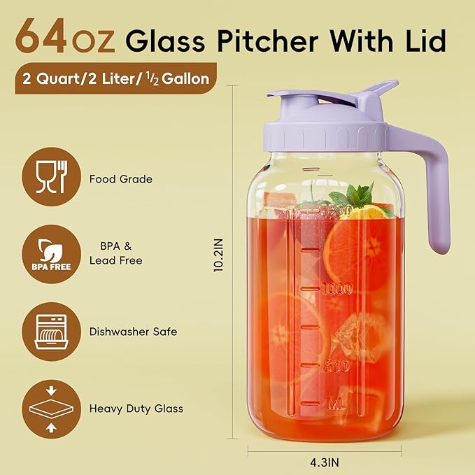 Glass Mason Jar Pitcher, 64 oz Wide Mouth Jug with Pour Spout Handle Lid for Cold Brew Coffee, Ice Beverage, Iced Juice, Lemonade, Sun Tea, Fruit Drinks Container（Purple）