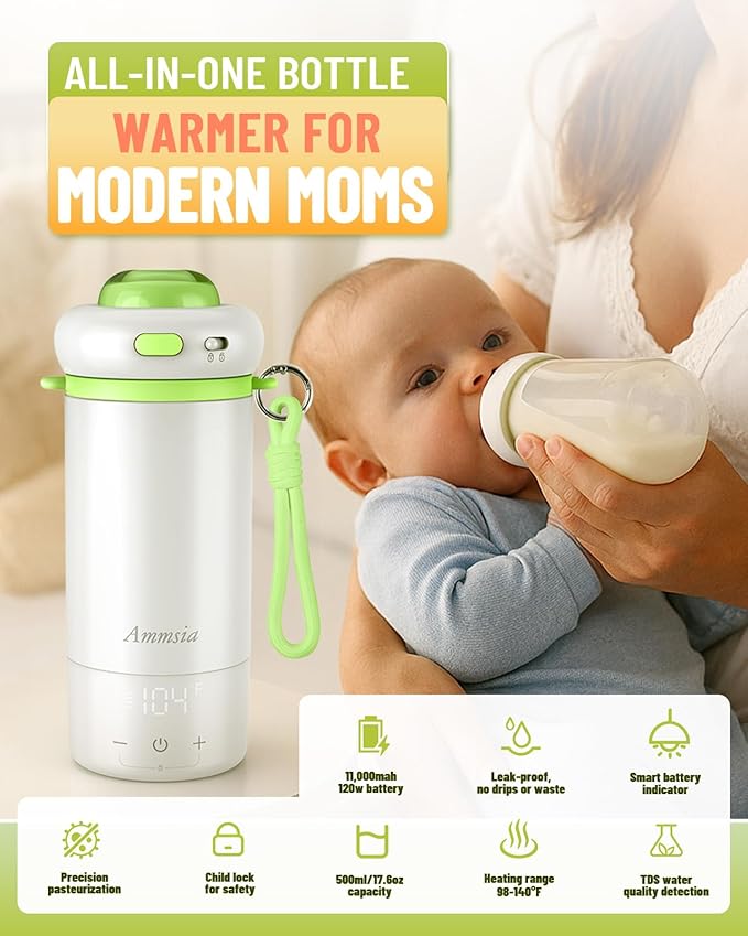 Portable Bottle Warmer for Travel – Fastest Heating & Charging, Fits Global 100-240V, Exclusive Sterilization & Water Quality Test Mode, 17Oz Large Capacity Baby Milk Warmer for Breastmilk & Formula