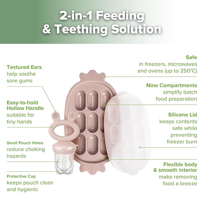 Haakaa Baby Fruit Food Feeder & Silicone Freezer Nibble Tray Combo - Breastmilk Popsicle Mold for Baby Cooling Relief, BPA Free Baby Mesh Food Feeder for Infant Self Feeding