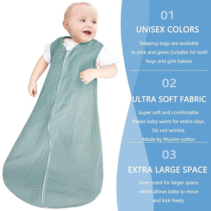 2 Pack Baby Sleep Sack 18-24 Months 100% Organic Cotton Muslin Baby Sleeping Bag 2-Way Zipper Toddler Wearable Blankets Comfy Stretchy Thin Sleep Sacks