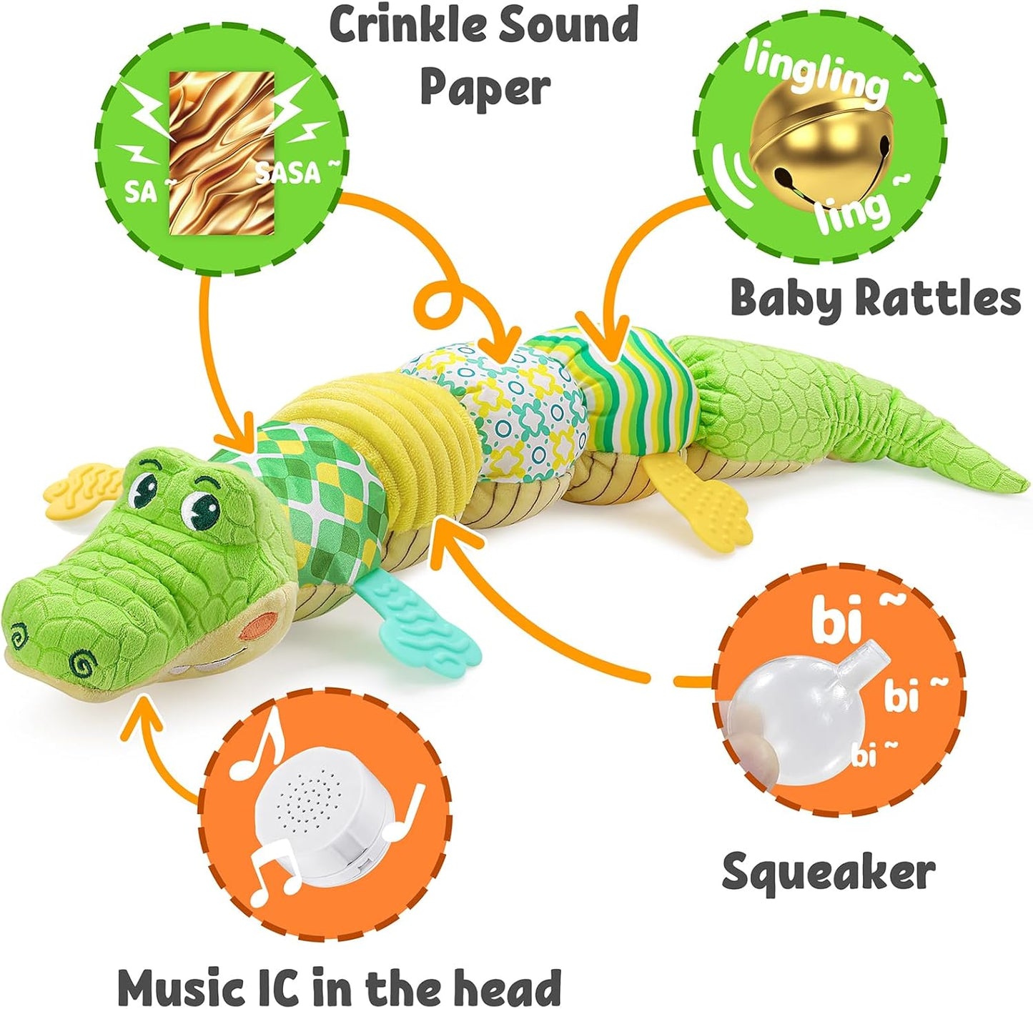 LIGHTDESIRE Baby Crocodile Musical Stuffed Animal, Infant Teething Toys with Ruler Design and Ring Bell, Suitable for Tummy Time, Newborn Boys & Girls 0-12 Months (Green)