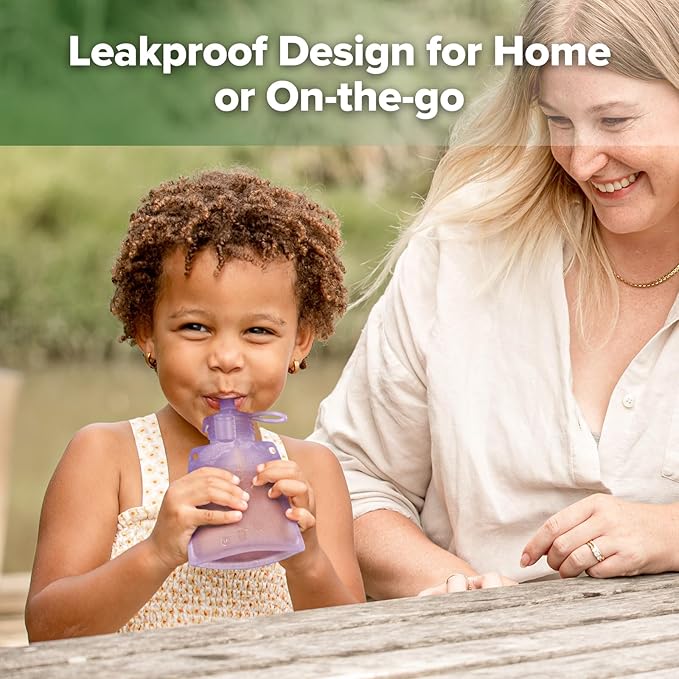 haakaa Baby Food Pouch Refillable Baby Squeeze Silicone Yummy Pouch, Soft Reusable Squeeze Storage Food Pouch for Kids Toddler,Home Made Food Puree,Smoothie Pouch Bag, 4oz, 4 Pack,6m+(Lavender)