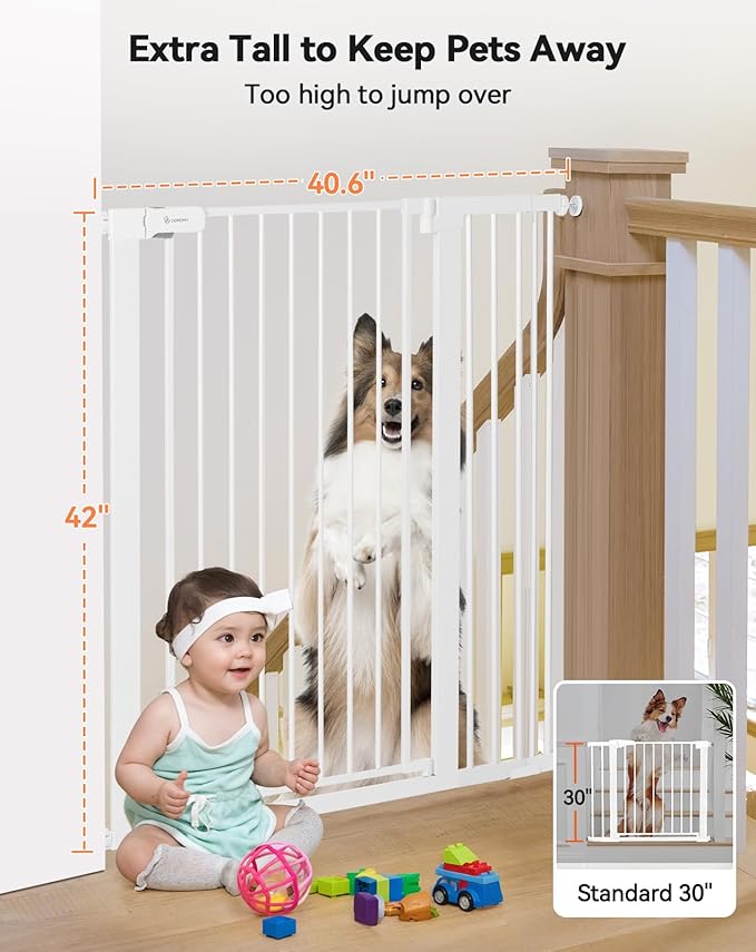COMOMY 42" Extra Tall Baby Gate for Stairs Doorways, Fits Openings 29.5" to 40.6" Wide, Auto Close Sturdy Safety Dog Gate for House, Pressure Mounted Easy Walk Through Pet Gate with Door, White