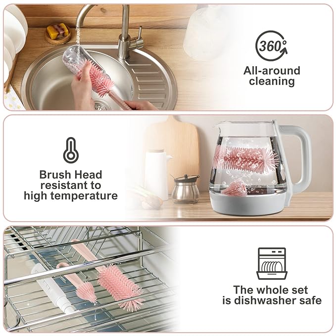 6 in 1 Baby Bottle Cleaner Set with Drying Rack,Silicone Baby Bottle Brush,Straw Brush,Nipple Brush,Soap Dispenser and Storage Box, Portable Baby Essentials for Home&Travel(Pink)