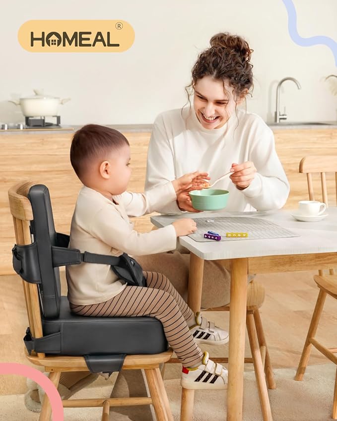 HOMEAL Booster Seat for Kitchen Chair, Breathable Toddler Booster Seat for Dining Table with Backrest and Adjustable Straps, Portable Travel Toddler Booster Seat, Dark Grey