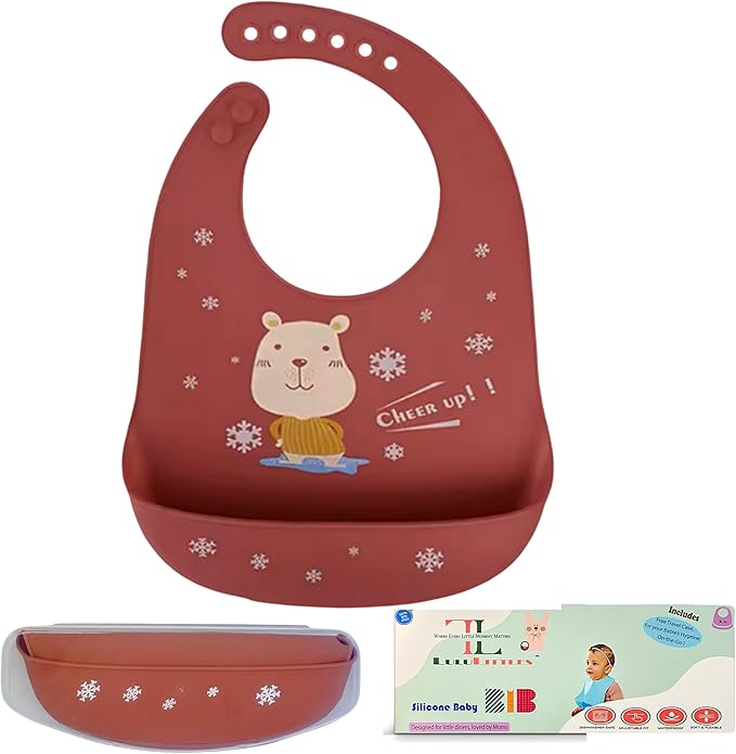 Silicone Baby Bibs Unisex, Self-Feeding, Catch-all Large Pocket, 6-48 months, BPA-Phthalate Free, w/Travel Case