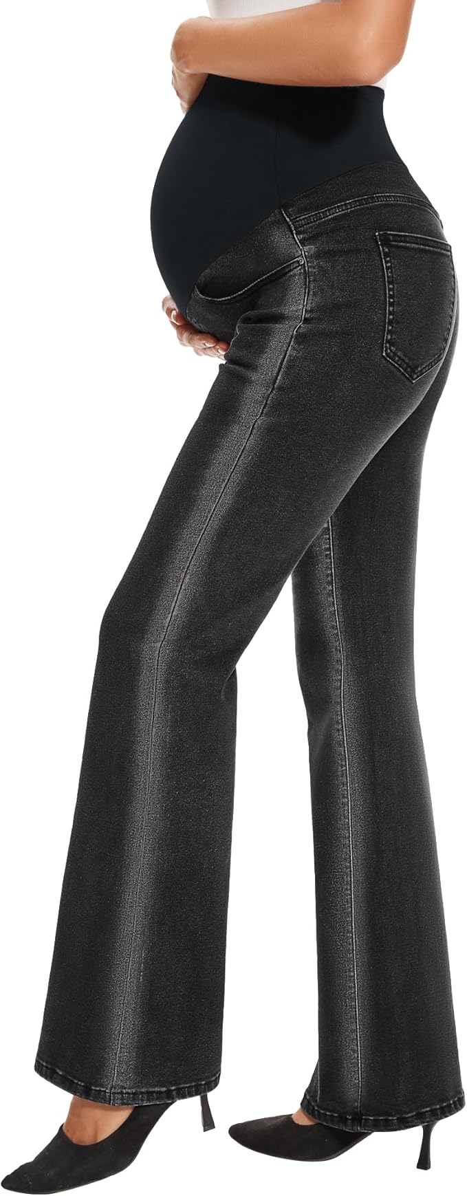 GLAMIX Women's Stretch Maternity Bootcut Jeans with Pockets Over The Belly Bell Bottoms Flare Denim Pants Pregnancy Clothes