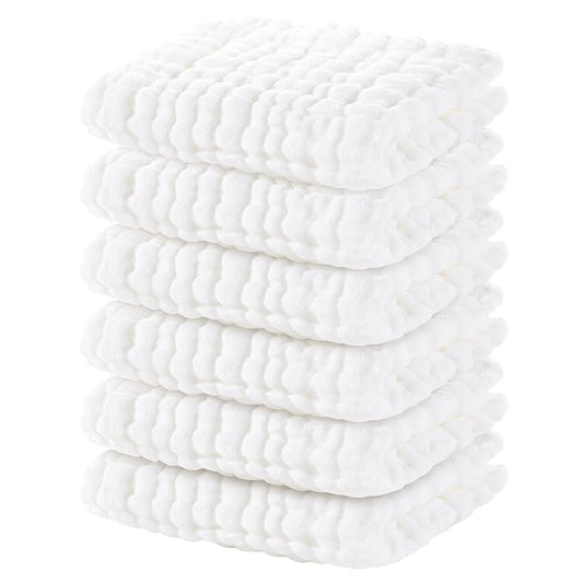 Yoofoss Muslin Baby Washcloths 100% Cotton Face Towels 6 Pack Wash Cloths for Baby 12x12in Soft and Absorbent Baby Wipes (White)