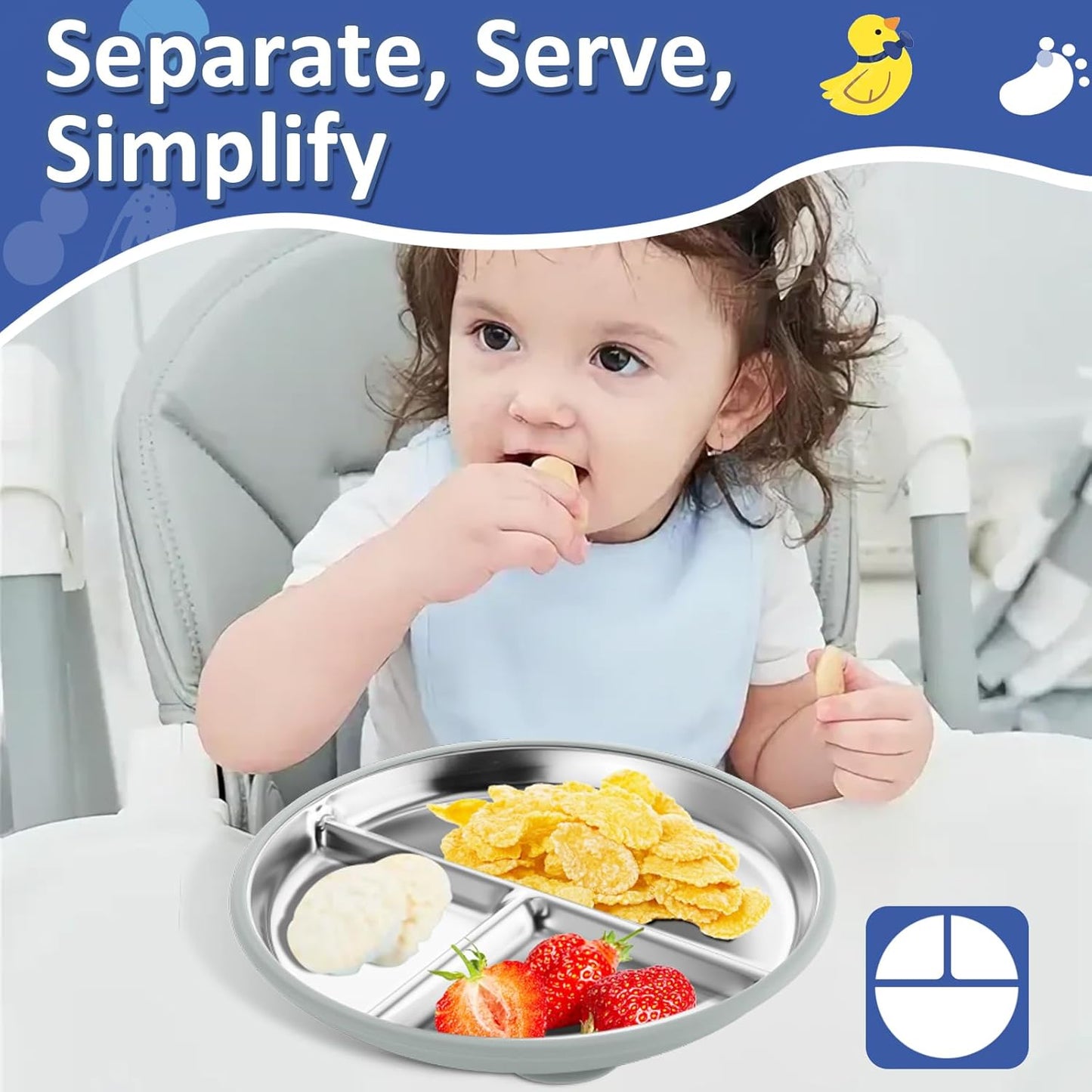 Stainless Steel Suction Plates for Toddlers, 9" Divided Kids Baby Plates with Removable Silicone Suction, Non Toxic Non Slip Portion Control Snack Dishes 3 Packs, Blue Gray Navy