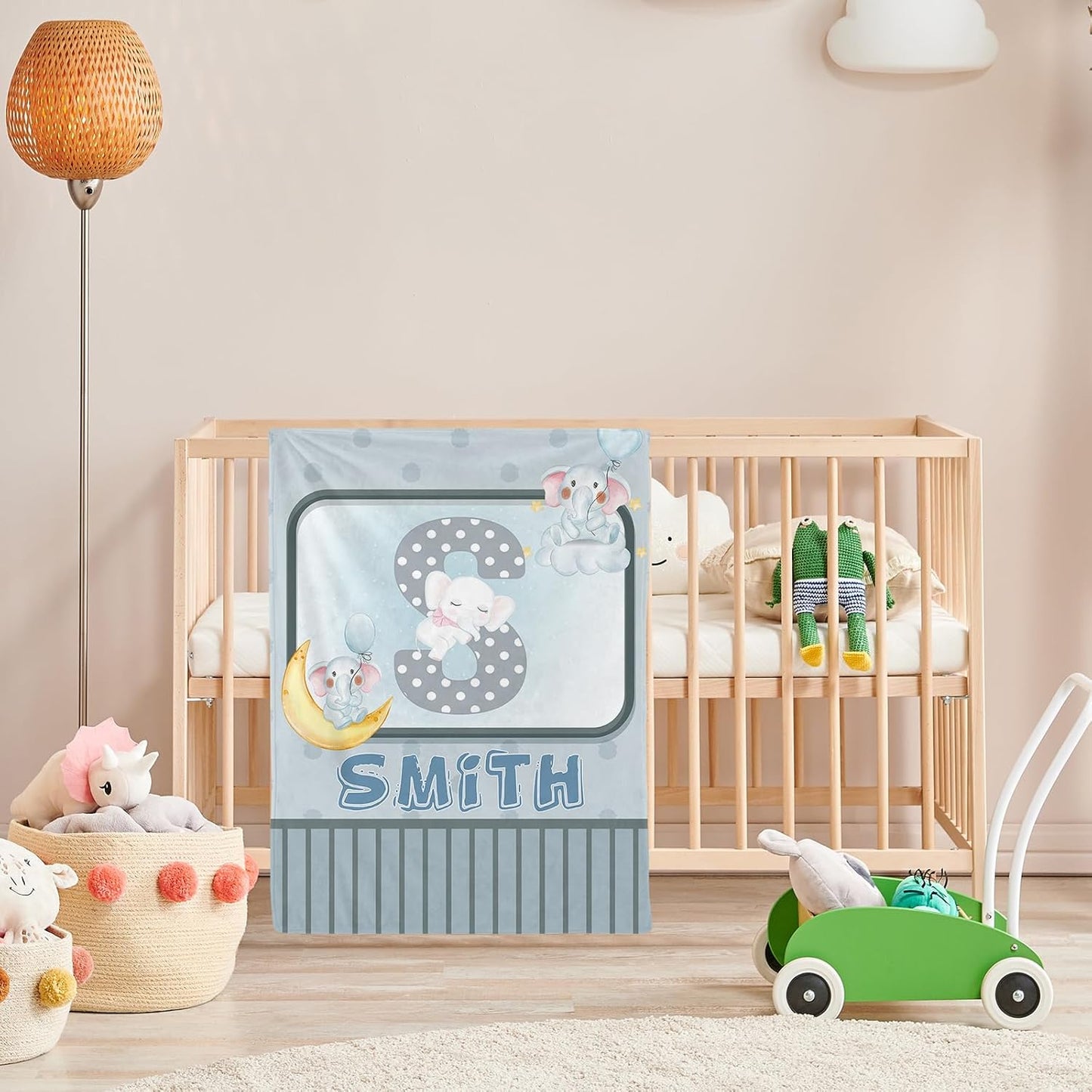 Personalized Cute Elephant Name Blanket, Custom Cartoon Alphabet Name Blanket Toddler Girls Soft Flannne Swaddling Blankets Customized Monogram Memorial Gift from Nana for Infant Newborn Shower