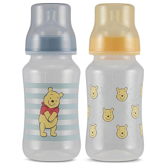 Disney Winnie The Pooh Baby Bottles 11 oz for Boys or Girls | 2 Pack of Infant Hourglass Shaped Bottles with Cover for Newborns and All Babies | BPA-Free Plastic Baby Bottle for Baby Shower