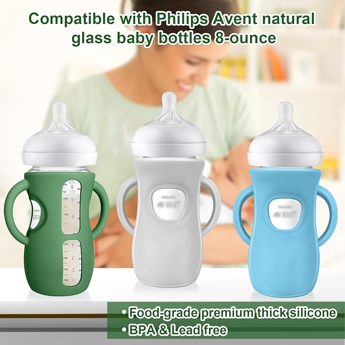 Juome Silicone Sleeves with Handles for Avent Natural Glass Baby Bottle - 3 Pack Anti Breakage Holder for Phillips Avent Baby Bottles, Compatible with Philips Avent Anti Colic Baby Bottles 8 oz