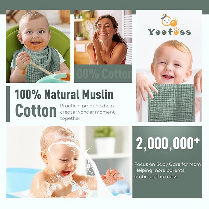 Yoofoss Muslin Burp Cloths for Baby 10 Pack 100% Organic Cotton Baby Washcloths for Boys Girls Large 20''X10'' Super Soft and Absorbent Dark Green
